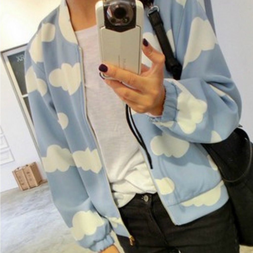 Sky Blue Cloud Pattern Print Bomber Jacket - image 2